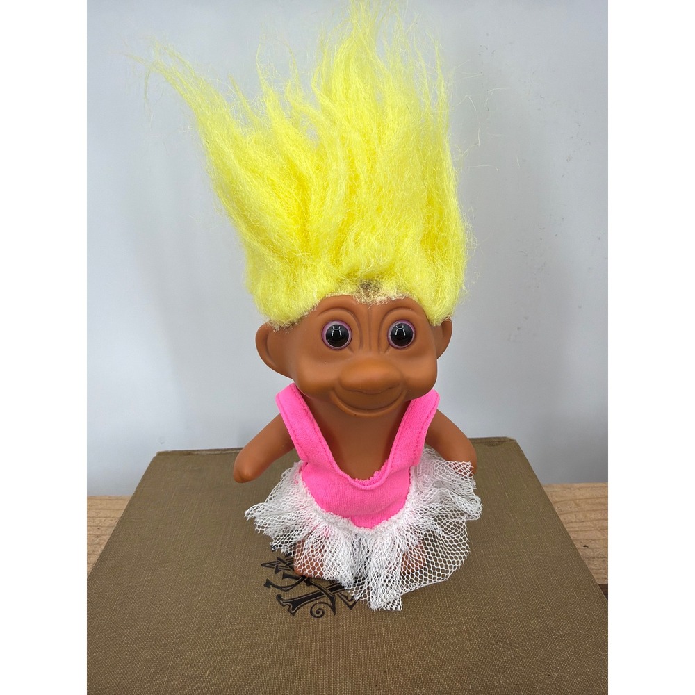 Vintage 1991 TNT Troll Doll Neon Yellow Hair Ballerina Pink Leotard Tutu 90s Toy